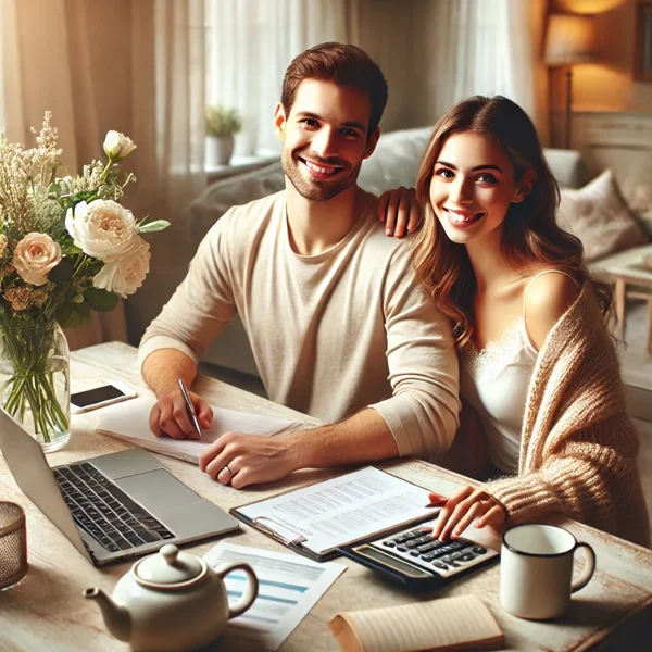 A young married couple sitting at a dining table, working on their finances with a laptop, notepad, and calculator in a warm, cozy home setting.