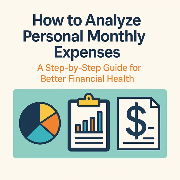 A clean financial graphic showing a pie chart, bar chart, and dollar sign icon beneath the title “How to Analyze Personal Monthly Expenses,” representing financial tracking, budgeting, and money management.