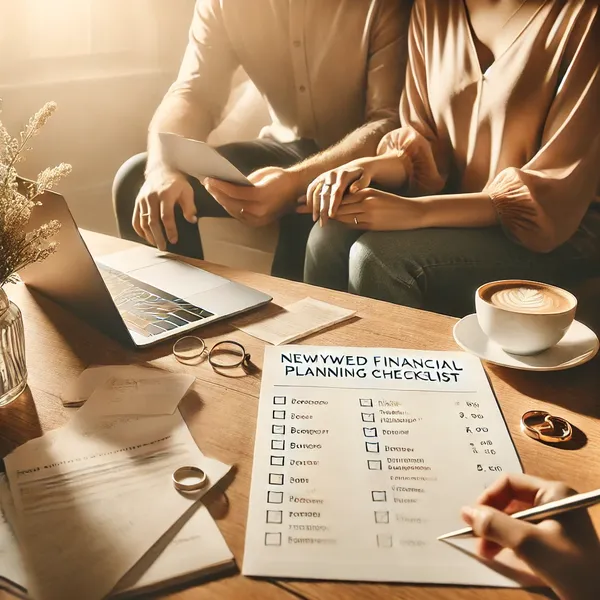 A newlywed couple sitting at a table with a laptop, budgeting documents, and a checklist, symbolizing financial planning for a secure future.