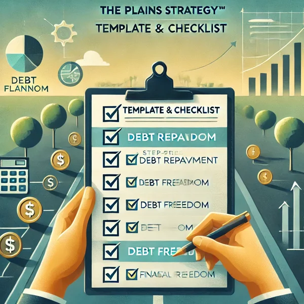 A financial checklist on a clipboard with checkmarks, symbolizing structured debt repayment. A pathway in the background represents progress toward financial freedom, complemented by subtle financial graphs and icons.