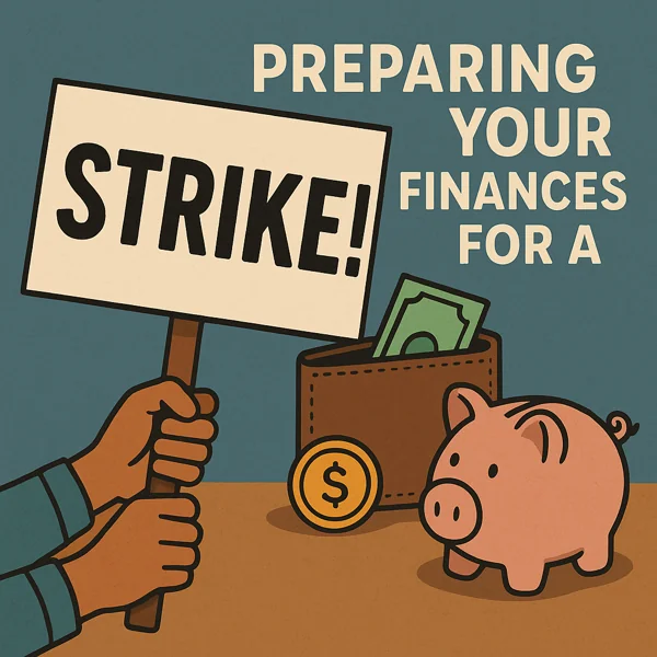 Hands holding a “Strike!” sign next to a wallet, gold coin, and piggy bank with the words “Preparing Your Finances for a Strike”