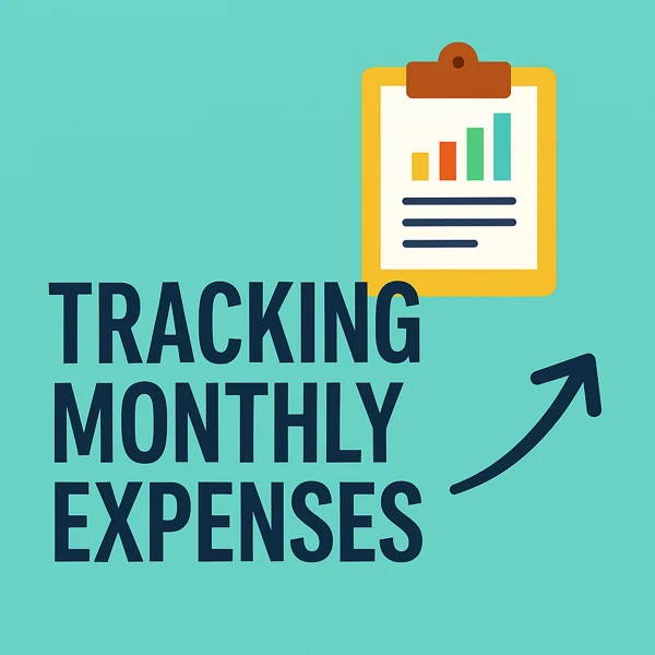 Graphic with clipboard and upward arrow illustrating tracking monthly expenses and budgeting improvement.