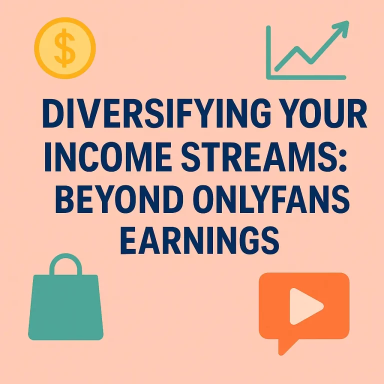Digital graphic with the text 'Diversifying Your Income Streams: Beyond OnlyFans Earnings' surrounded by icons representing money, growth chart, shopping bag, and play button.