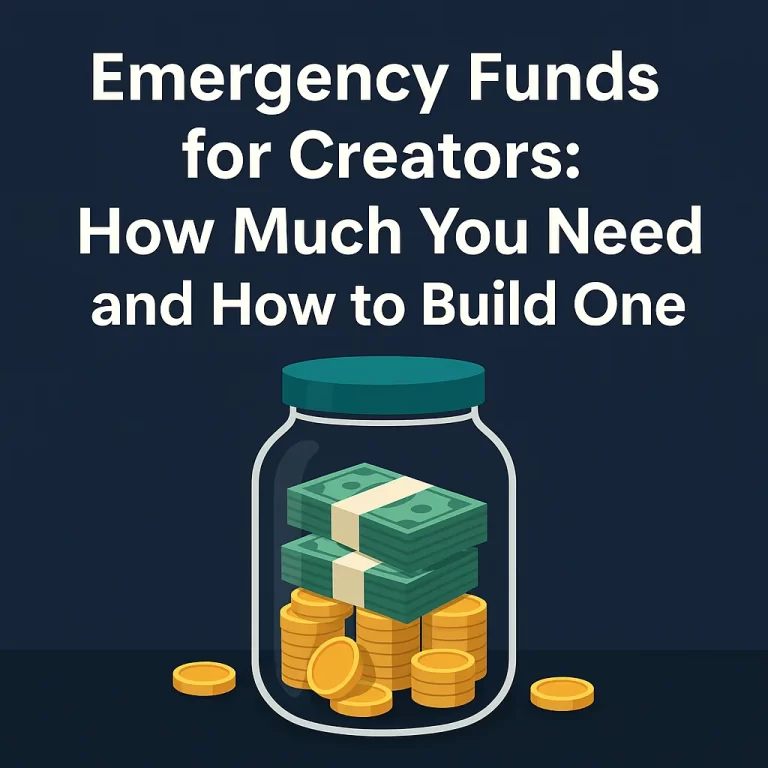 Square blog image featuring a jar of cash and coins with the title “Emergency Funds for Creators: How Much You Need and How to Build One” in bold text.