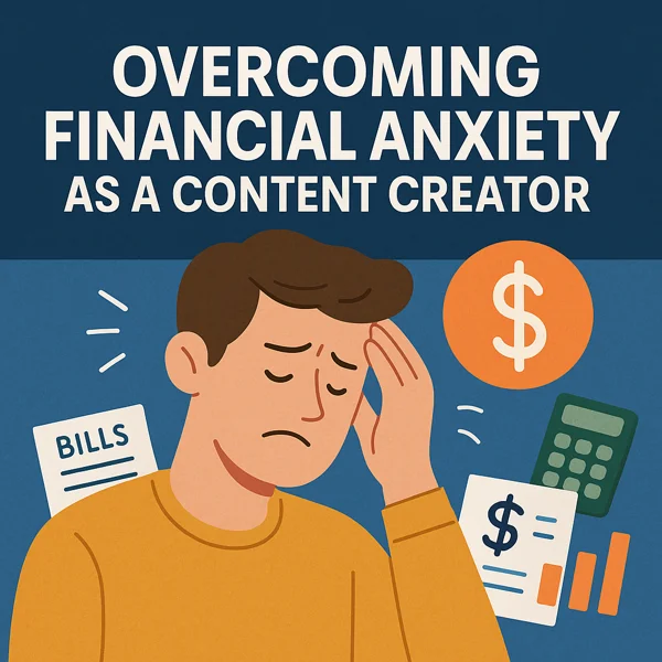 An anxious male content creator surrounded by bills, a calculator, and dollar signs, illustrating financial stress.