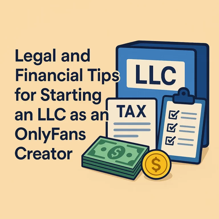 Illustration of a business binder labeled LLC, tax document, money stack, gold coin, and a checklist clipboard representing legal and financial planning for OnlyFans creators.