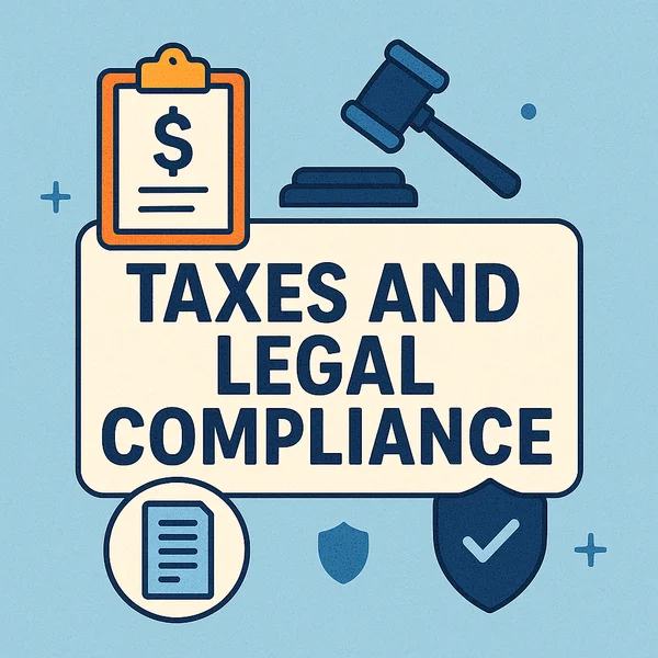 Flat-style illustration with a clipboard, gavel, document, and shield icons surrounding the text "Taxes and Legal Compliance"