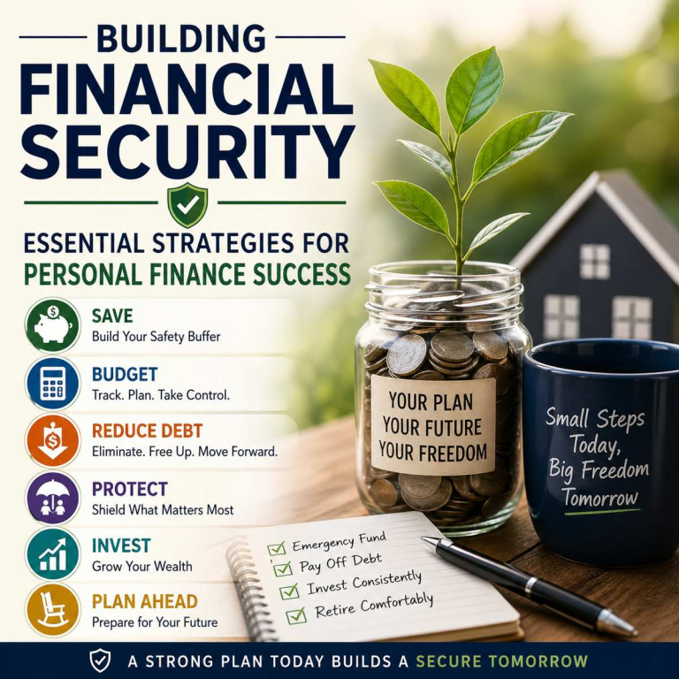 Infographic showing financial security strategies including saving, budgeting, debt reduction, insurance protection, investing, and retirement planning with a jar of coins and growing plant.