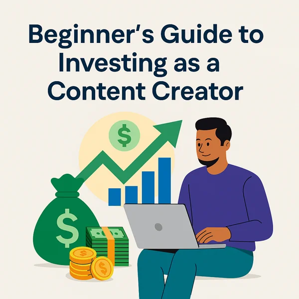 Illustration of a content creator with a laptop surrounded by money, coins, and a rising chart symbolizing investing and wealth building.