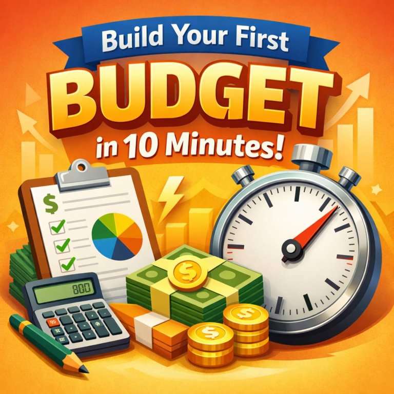 Illustration showing a beginner budgeting concept with a calculator, clipboard, money, and stopwatch representing creating a budget in 10 minutes