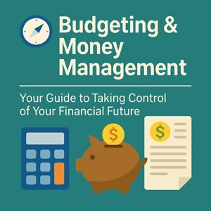 Flat design illustration with a compass icon, calculator, piggy bank, and financial document representing budgeting and money management concepts.