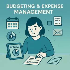 Illustration of a content creator tracking expenses with a tablet, receipts, and a paper labeled ‘Expense’ — representing budgeting and money management tools for creators.