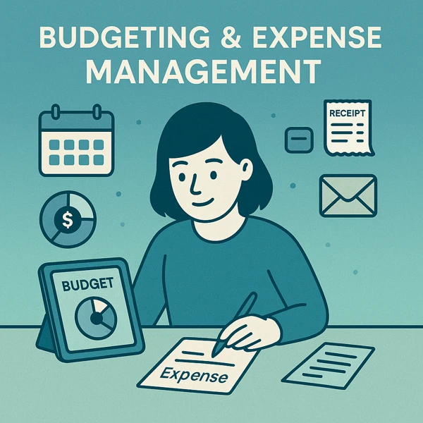 Illustration of a digital content creator using a budgeting app, surrounded by receipts, calendars, and financial icons — representing expense tracking for creators.
