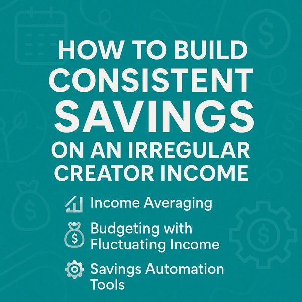 A teal square image with the headline "How to Build Consistent Savings on an Irregular Creator Income" and three bullet points highlighting income averaging, budgeting with fluctuating income, and savings automation tools, each paired with financial icons like a chart, dollar symbol, and gear.