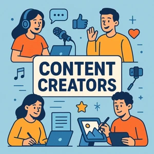 Illustration of diverse content creators working with a podcast mic, camera, laptop, and tablet, centered around the words "Content Creators"