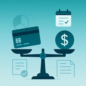 Flat-style illustration of a credit card and dollar symbol on a scale, surrounded by calendar and document icons