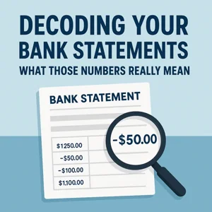 Illustration showing a magnifying glass over a bank statement with the highlighted figure -$50.00