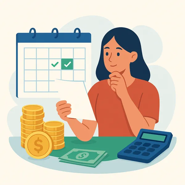 Woman reviewing financial document with calendar, coins, and calculator