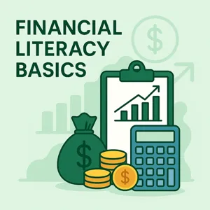 Illustration of financial literacy tools including clipboard with bar chart, calculator, coins, and money bag