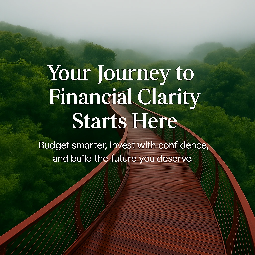 A red wooden bridge curves gently into a mist-covered forest, symbolizing a peaceful financial journey.