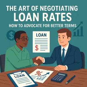 A professional illustration showing two individuals shaking hands over a loan negotiation with financial charts, a clipboard, and loan documents.
