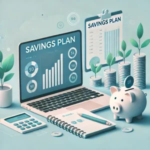 A laptop screen displays “Savings Plan” alongside a notebook, stacked coins, and a piggy bank—symbolizing smart savings and financial growth.