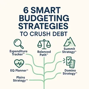 Infographic showing six budgeting strategies to reduce debt, including Expenditure Tracker, Balanced Path, EQ Planner, Summit Strategy, Plains Strategy, and Domino Strategy.