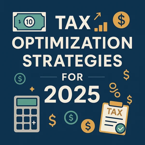Graphic titled “Tax Optimization Strategies for 2025” with icons of a calculator, dollar signs, and tax documents on a dark blue background.