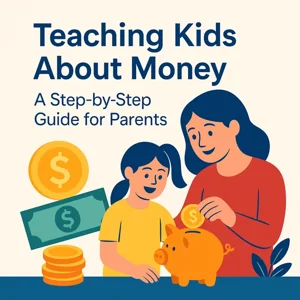 A mother and daughter smiling while saving money in a piggy bank, surrounded by illustrated coins and bills