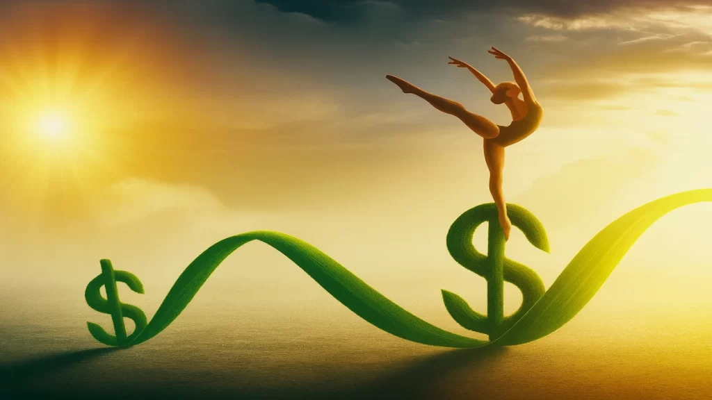 Professional ballerina balancing gracefully on giant grass dollar signs intertwined with a green blade of grass under a vibrant sunset sky.