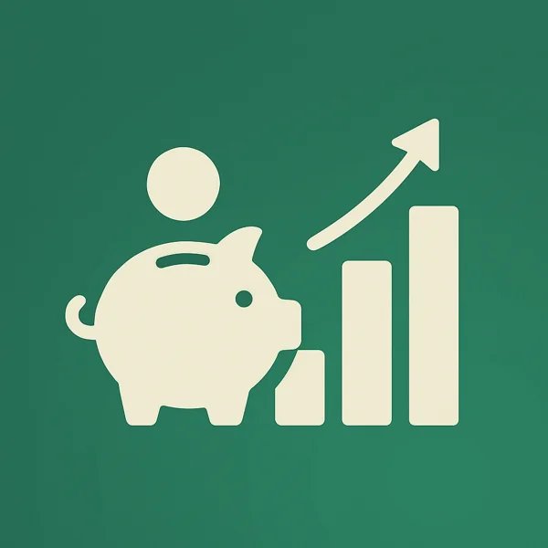 Square graphic with a white piggy bank icon, a coin above it, and a rising bar chart with an upward arrow on a green gradient background.