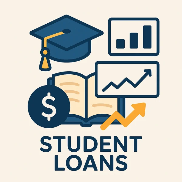 Illustration of a graduation cap, open book, dollar sign, and financial charts representing student loans and financial growth.