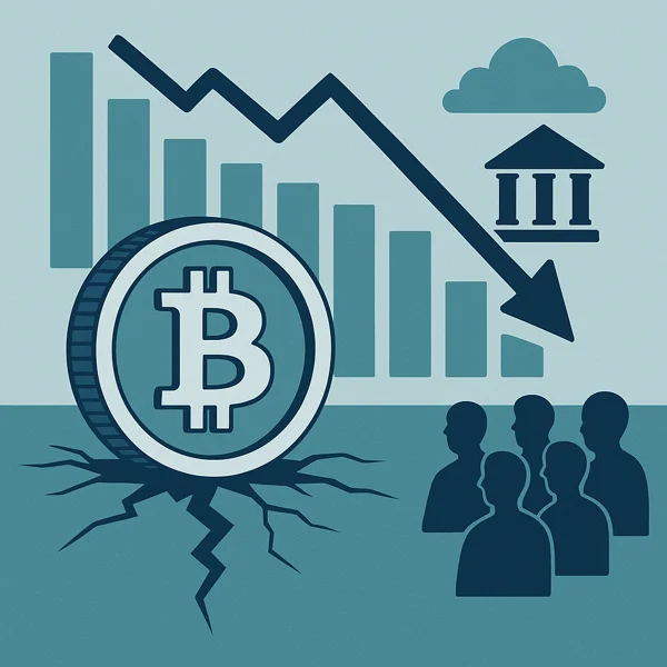Illustration of a Bitcoin coin cracking the ground with a downward chart arrow, symbolizing a crypto market crash.