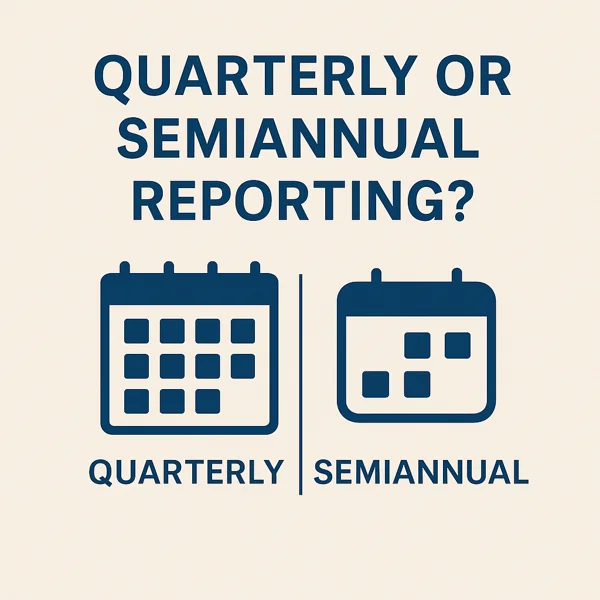 Icons of calendars comparing quarterly and semiannual reporting cycles.