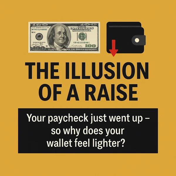Featured image showing a hundred-dollar bill and wallet with downward arrow, symbolizing the illusion of a raise during inflation.
