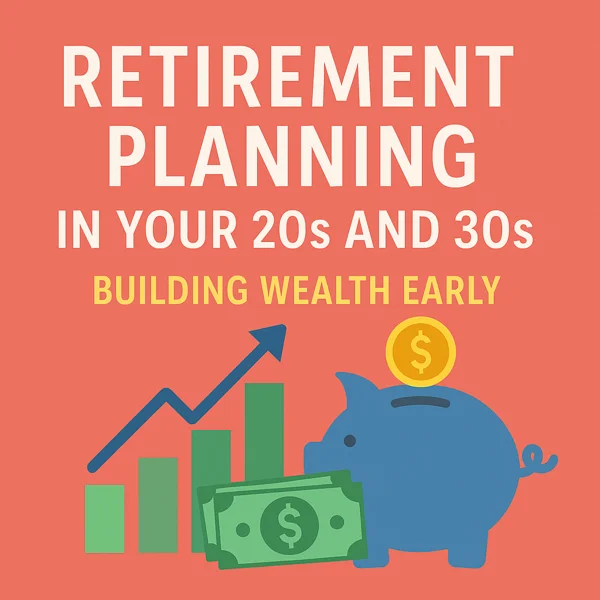 Illustration of a piggy bank, coins, and growth chart symbolizing early retirement planning for young adults.
