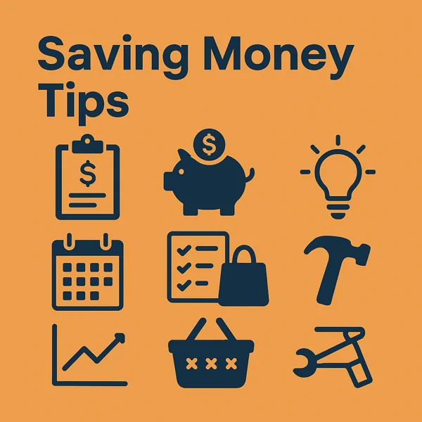 Illustration of saving money icons including a piggy bank, calendar, lightbulb, shopping basket, and chart on an orange background.