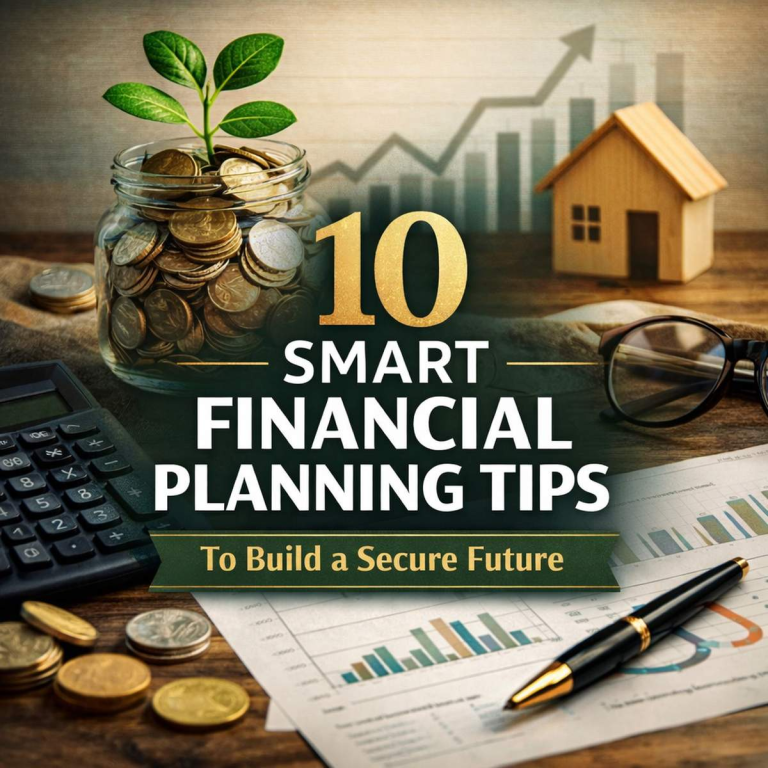 Jar of coins growing a plant beside a calculator, charts, and a house model illustrating smart financial planning tips for building long-term financial security.