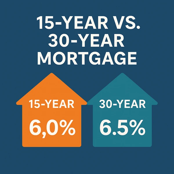Graphic comparing a 15-year and 30-year mortgage, showing interest rates of 6.0% and 6.5% with house-shaped icons representing loan terms.