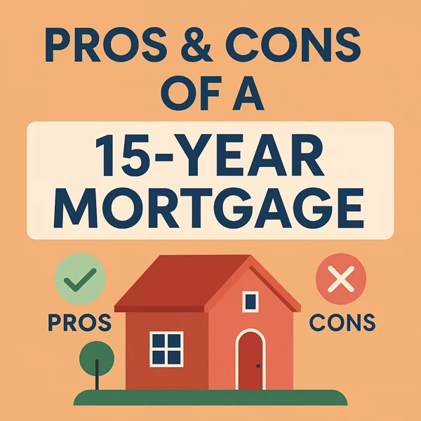 Illustration of a house labeled pros and cons, representing the benefits and drawbacks of a 15-year mortgage.