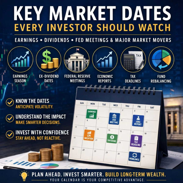 Calendar highlighting key market dates including earnings season, Federal Reserve meetings, dividend dates, and economic reports for investors