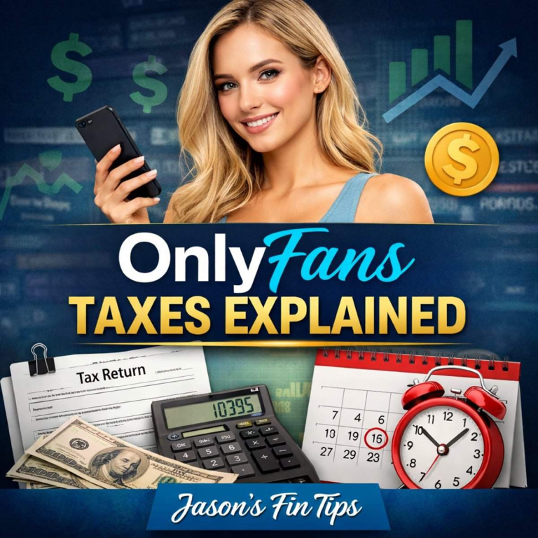 OnlyFans taxes explained with calculator, tax forms, and financial icons representing creator income and tax planning
