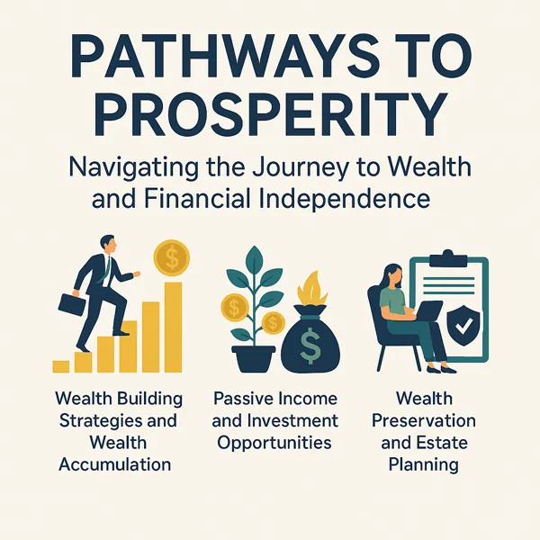 Illustration representing wealth building and financial independence with icons for investing, passive income, and estate planning.