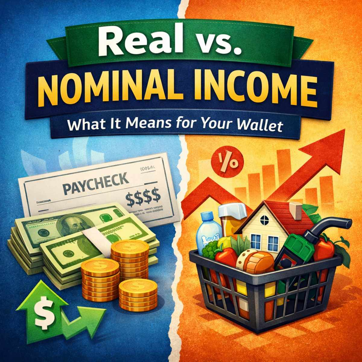 Illustration comparing nominal income (paycheck and cash) versus real income (cost of goods rising due to inflation)