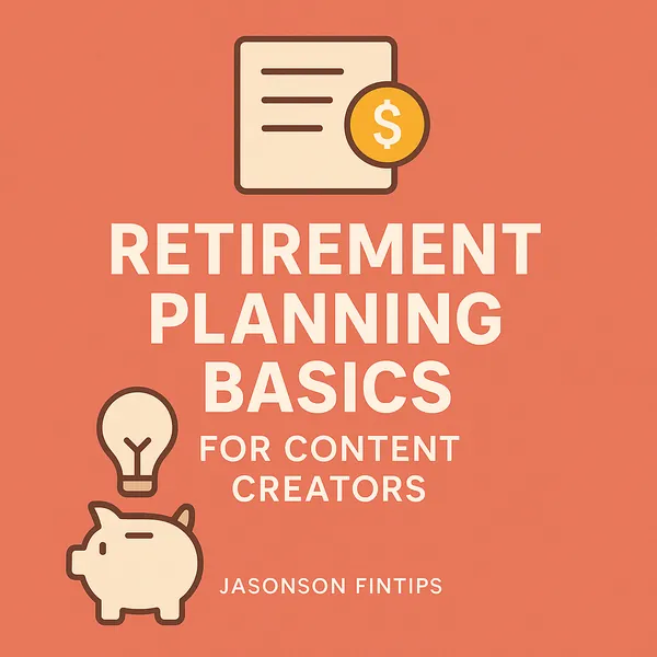 Flat-design illustration of a piggy bank, coin, and light bulb with text "Retirement Planning Basics for Content Creators" representing financial planning for creators.