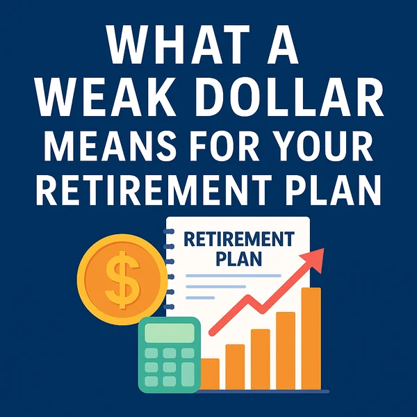 Illustration of a retirement plan with dollar sign, calculator, and chart symbolizing weak dollar impact on retirement planning