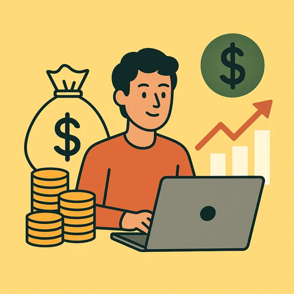 Illustration of a content creator working on a laptop surrounded by coins, a money bag, and a rising growth chart, symbolizing financial growth through investing.