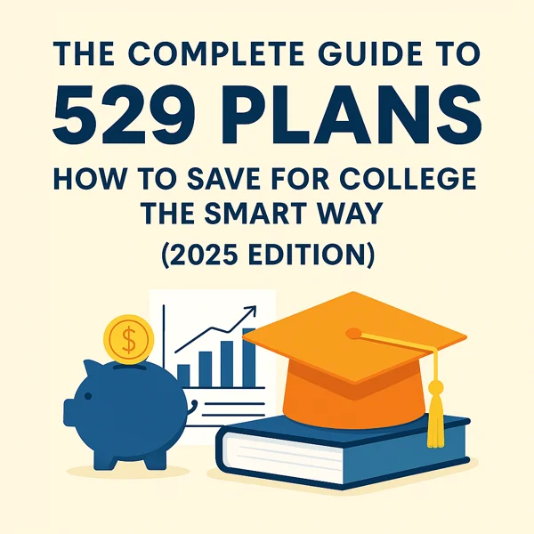 A blue piggy bank, graduation cap, and education chart representing how 529 plans help families save for college in 2025.