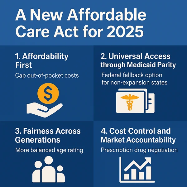 Digital infographic showing the U.S. Capitol with “ACA 2.0” blocks and icons symbolizing cost control, fairness, and innovation in health-care reform.