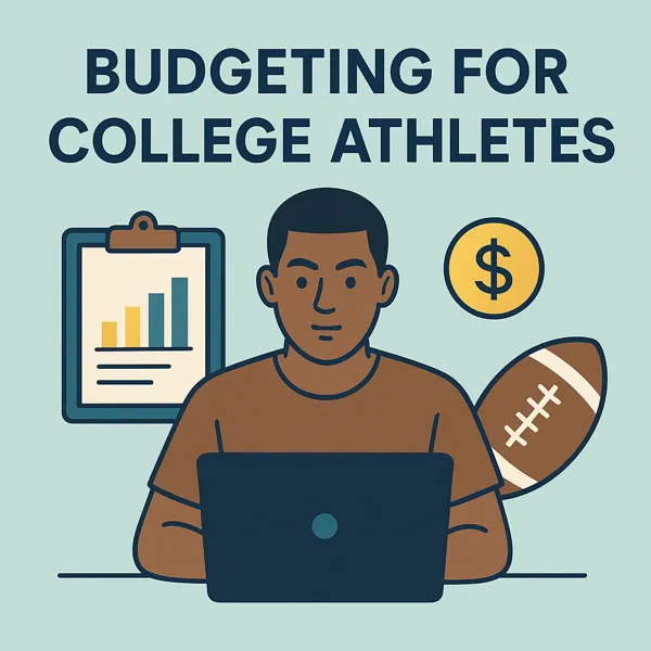 College athlete managing finances on a laptop with sports equipment nearby, symbolizing smart budgeting habits